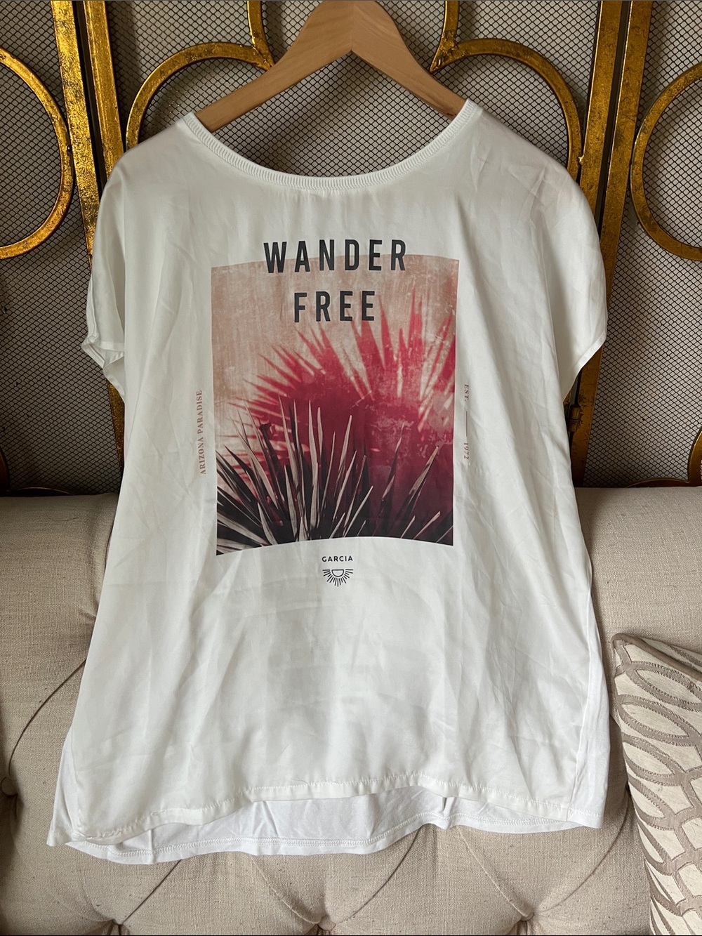 J. Garcia White Short Sleeve Tee with Pink Graphic "Wander Free"